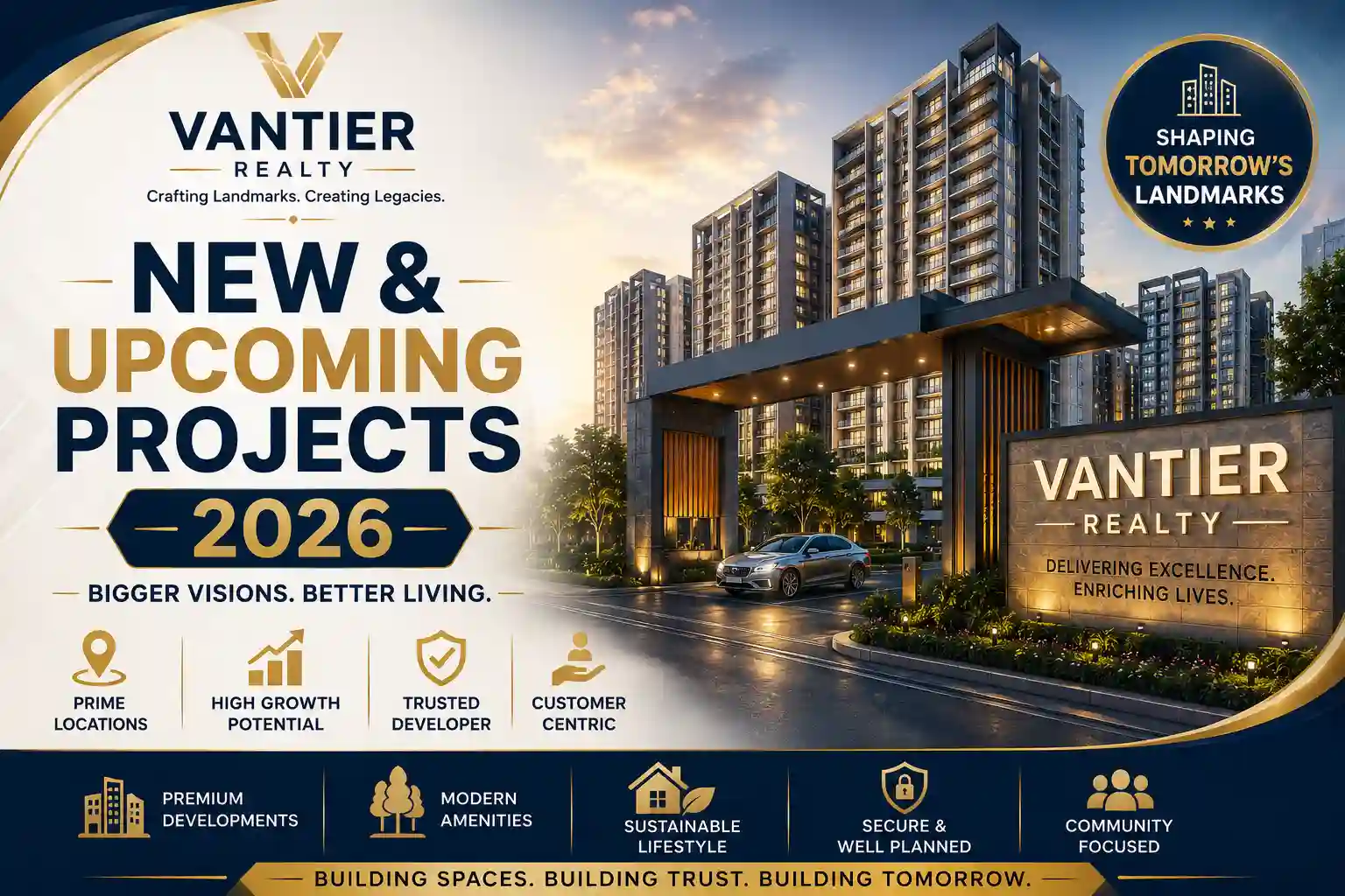 Vantier Realty new premium residential projects banner showcasing luxury flats and villas